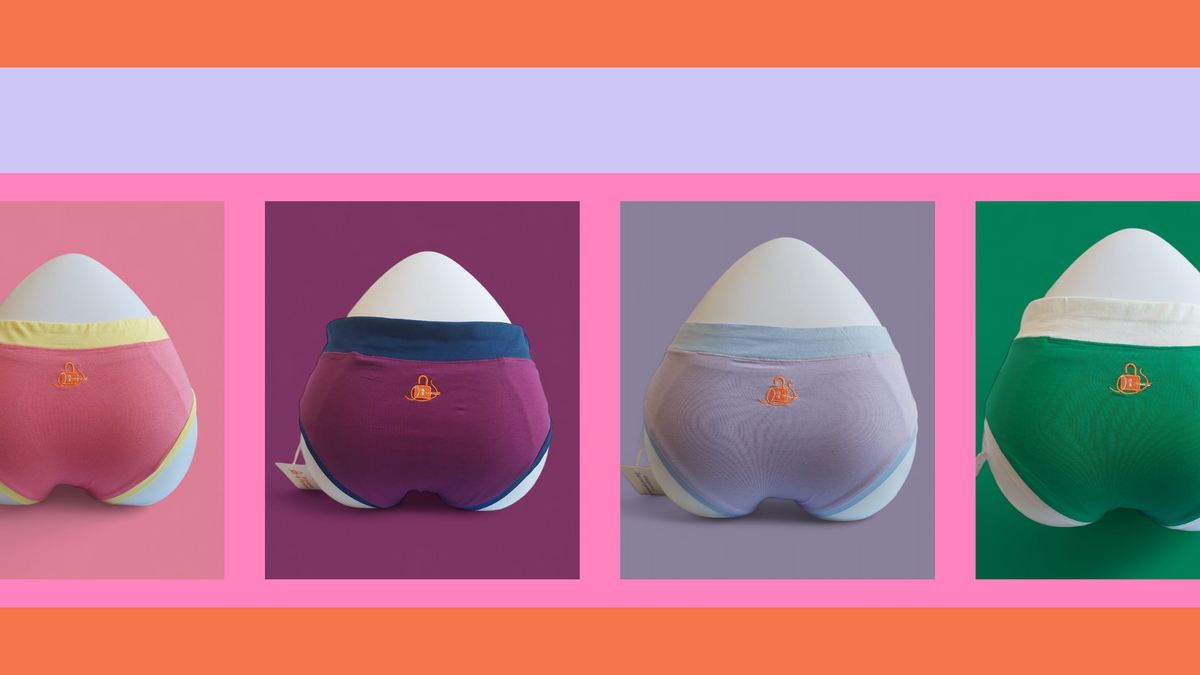 Row of customisable udnerwear in various colours- pink, purple, lilac and green